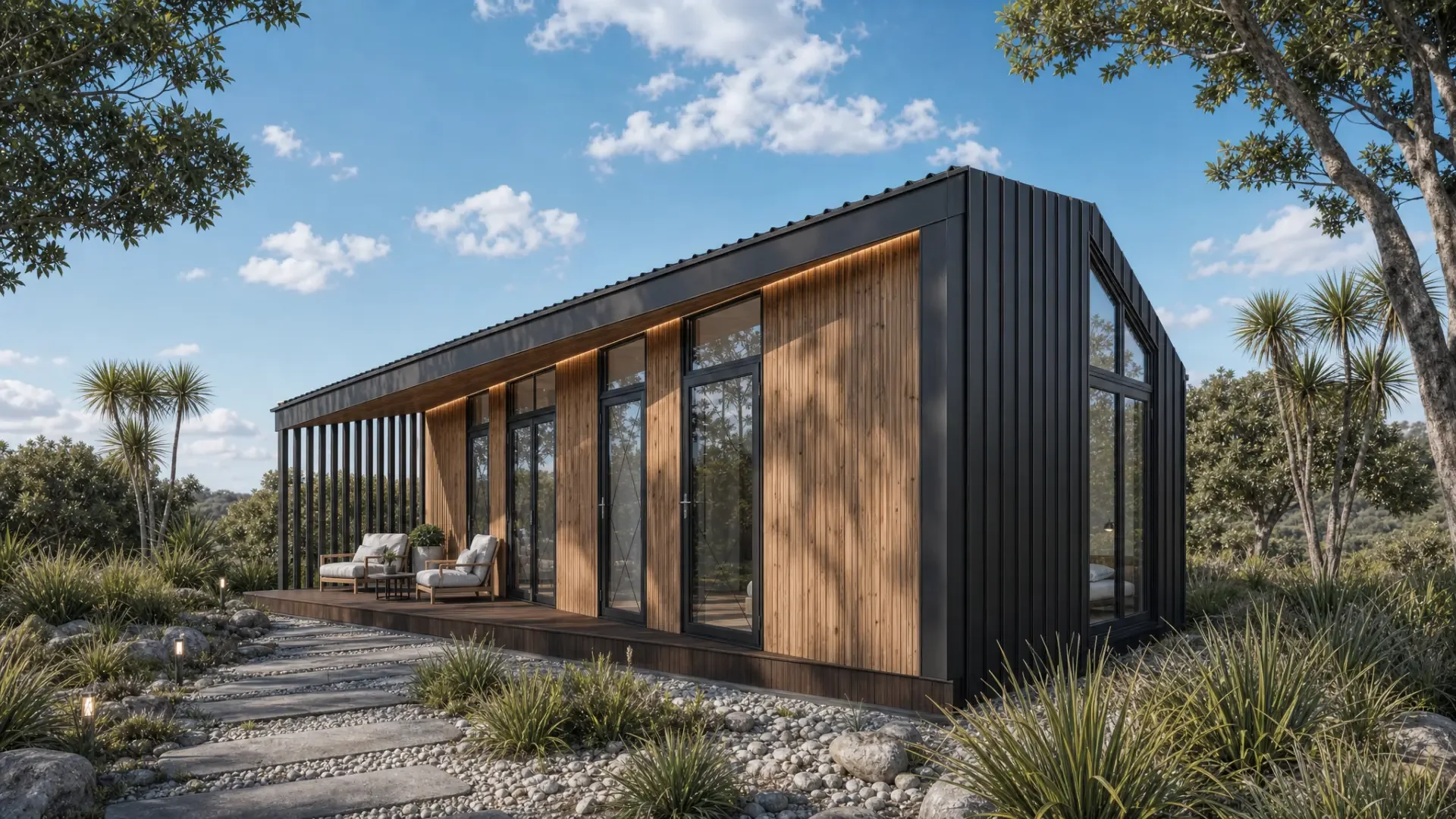 Modair architectural cabin exterior at dusk